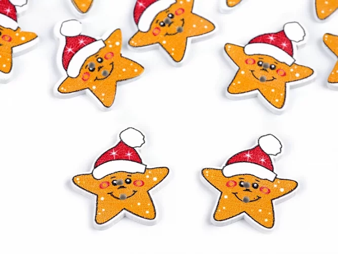 Dřevěný dekorační knoflík vánoční  žlutá hvězda