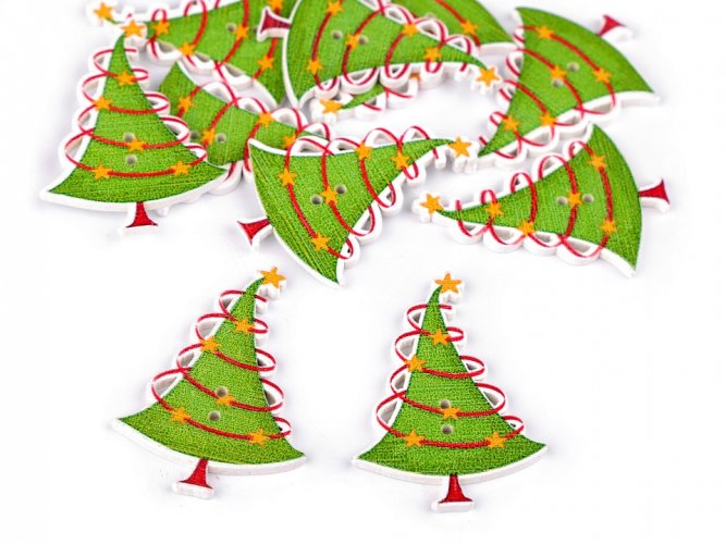 Dřevěný dekorační knoflík  vánoční zelená sv. stromeček